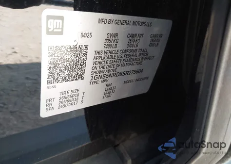 2025 Chevrolet Tahoe 2Wd Lt из США, поврежденный, VIN 1GNS5NRD8SR275604